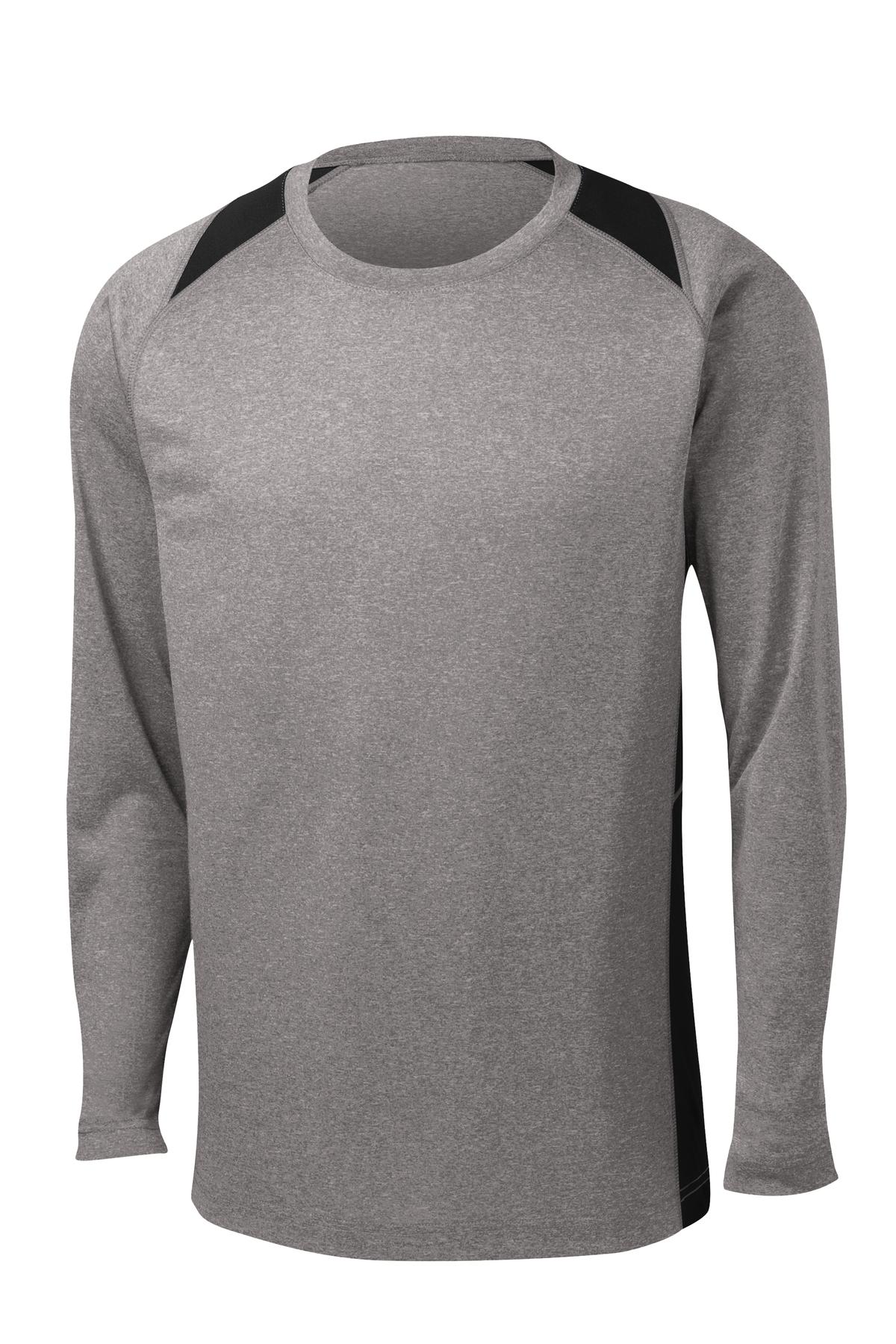 Front View of Vnt He/Black Sport-Tek Long Sleeve Heather Colorblock Contender Tee. ST361LS