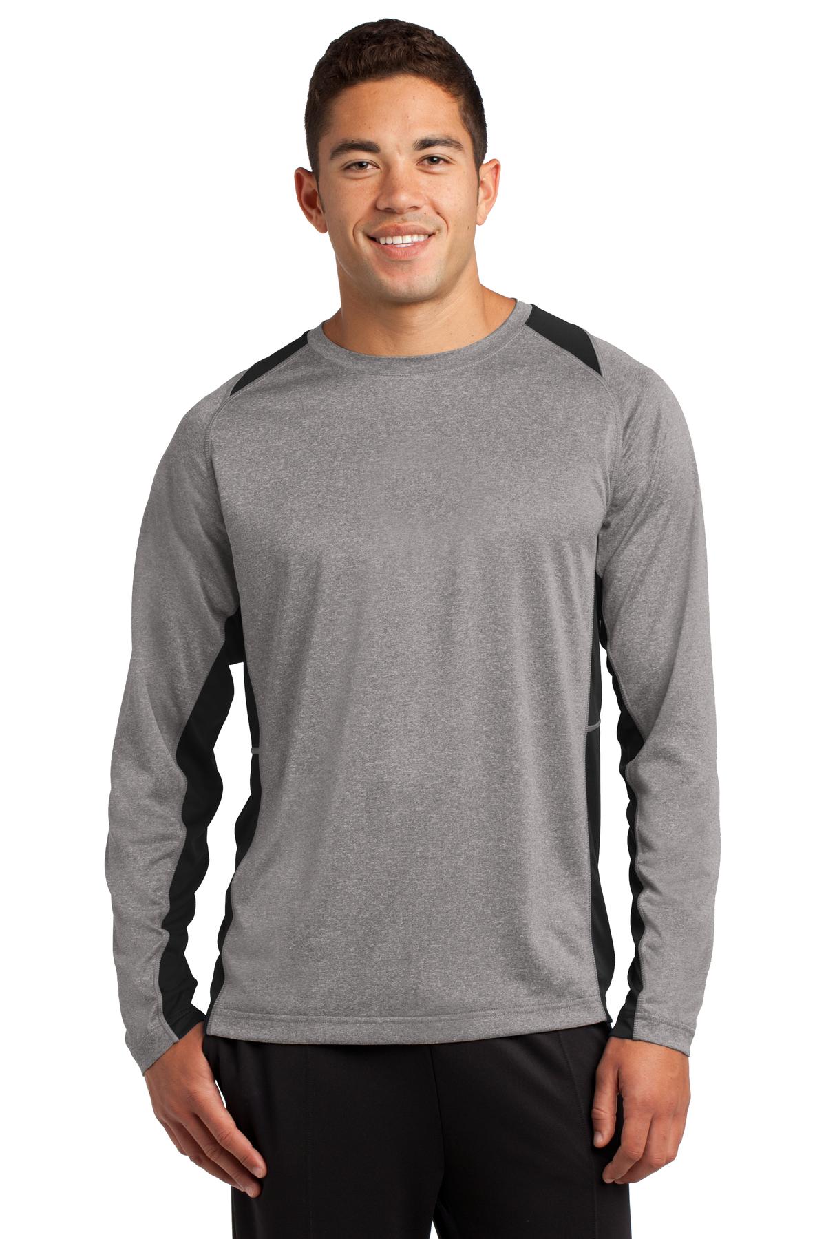 Front View of Vnt He/Black Sport-Tek Long Sleeve Heather Colorblock Contender Tee. ST361LS