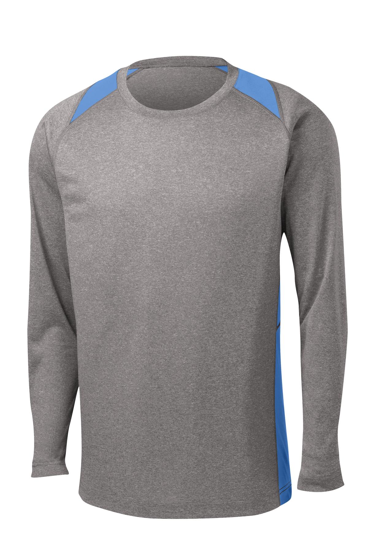 Front View of Vnt He/Car Blu Sport-Tek Long Sleeve Heather Colorblock Contender Tee. ST361LS