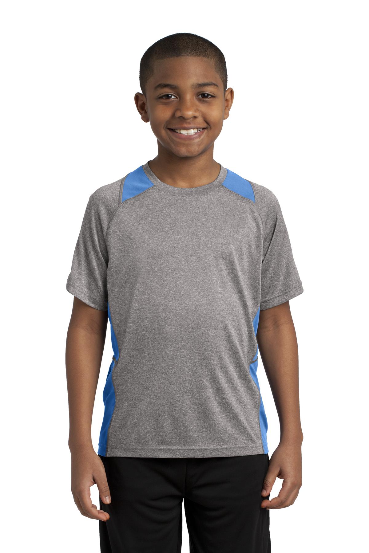 Front View of Vnt He/Car Blu Sport-Tek Youth Heather Colorblock Contender Tee. YST361