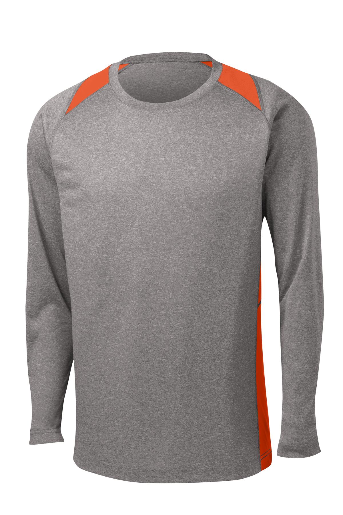Front View of Vnt He/Dp Orng Sport-Tek Long Sleeve Heather Colorblock Contender Tee. ST361LS