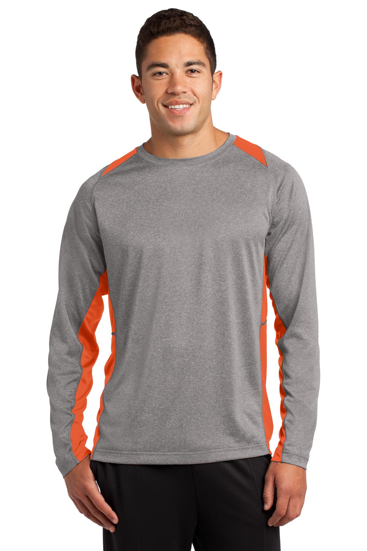 Front View of Vnt He/Dp Orng Sport-Tek Long Sleeve Heather Colorblock Contender Tee. ST361LS