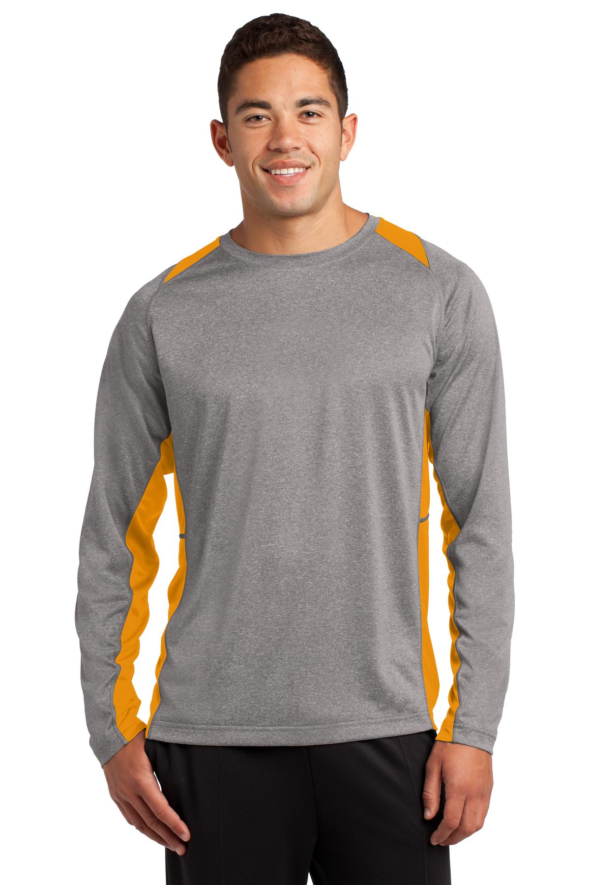 Front View of Vnt He/Gold Sport-Tek Long Sleeve Heather Colorblock Contender Tee. ST361LS