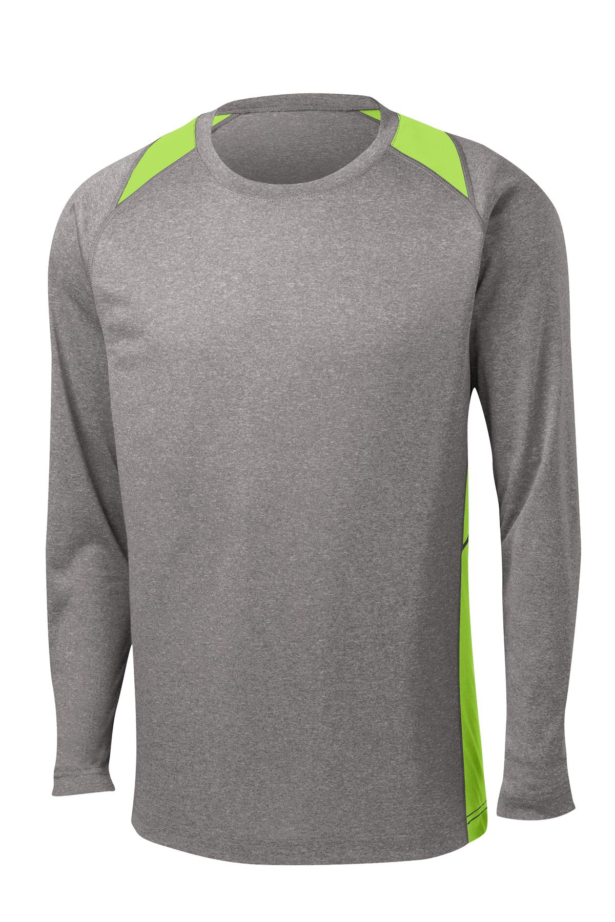 Front View of Vnt He/Lime SH Sport-Tek Long Sleeve Heather Colorblock Contender Tee. ST361LS
