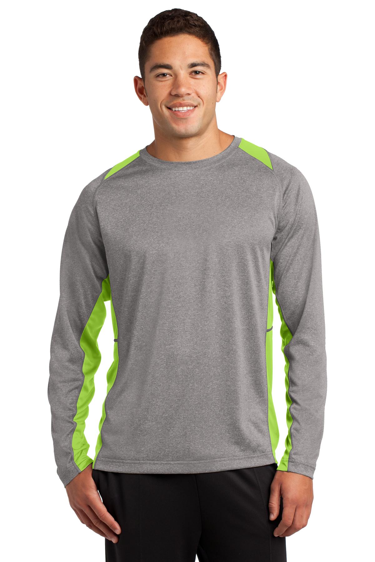Front View of Vnt He/Lime SH Sport-Tek Long Sleeve Heather Colorblock Contender Tee. ST361LS