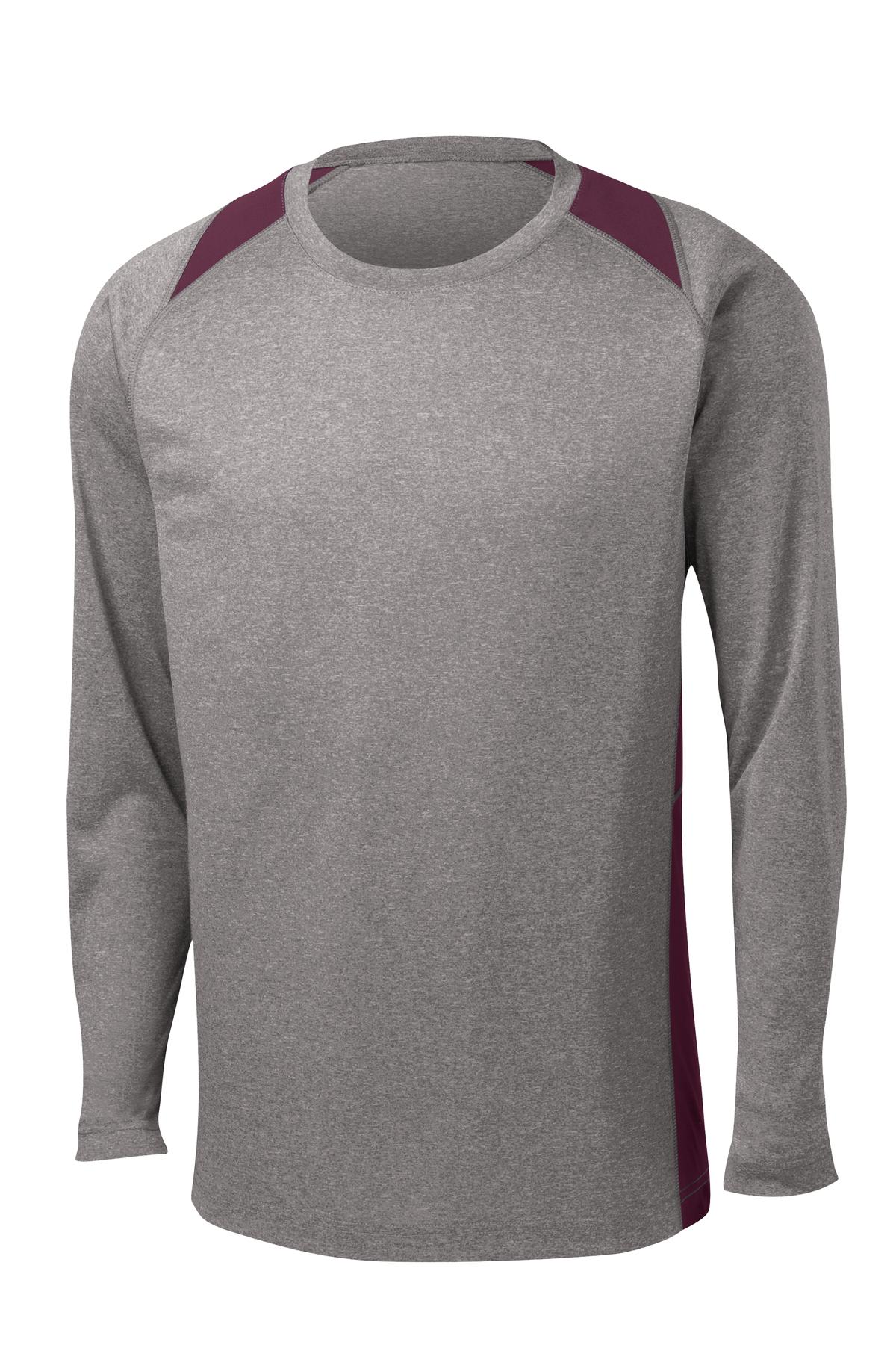 Front View of Vnt He/Maroon Sport-Tek Long Sleeve Heather Colorblock Contender Tee. ST361LS