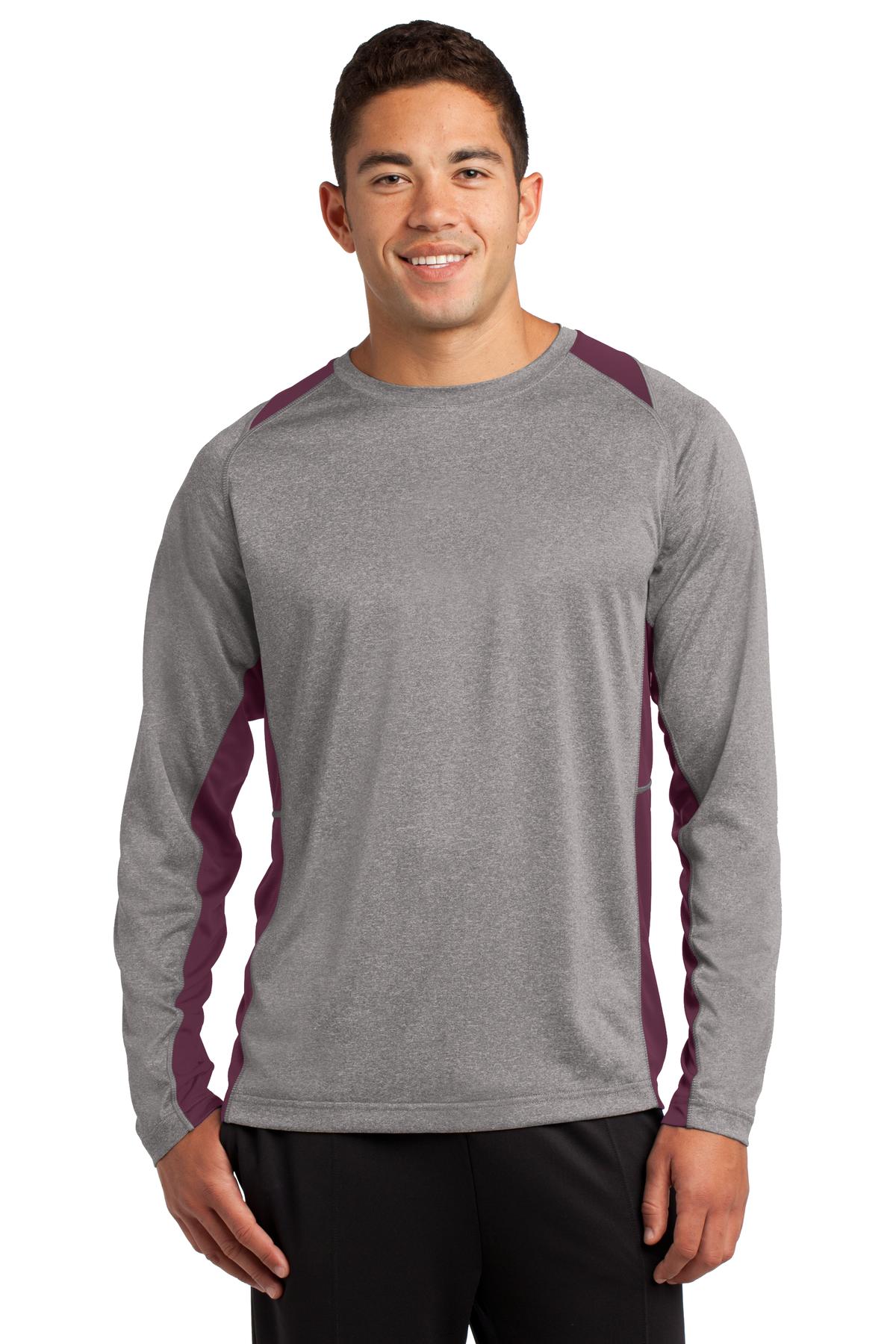 Front View of Vnt He/Maroon Sport-Tek Long Sleeve Heather Colorblock Contender Tee. ST361LS