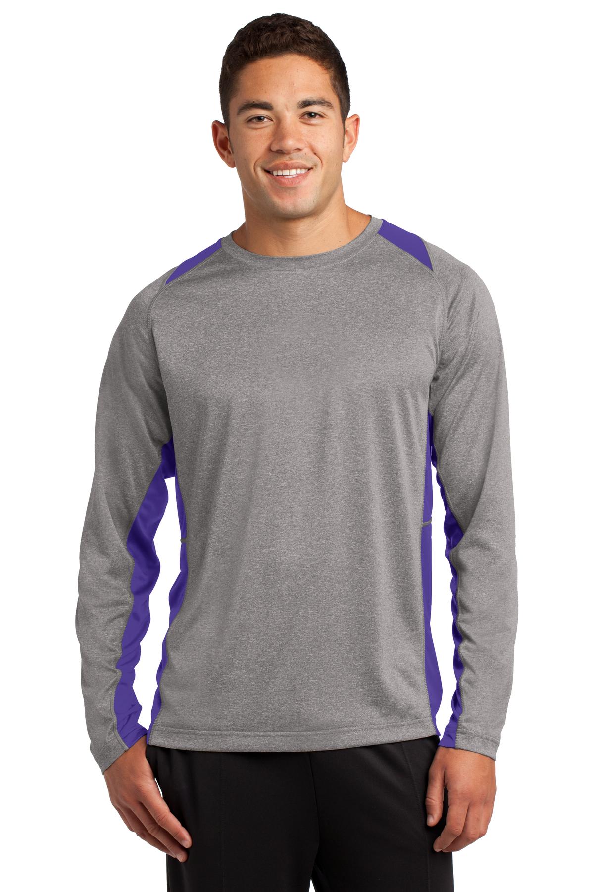 Front View of Vnt He/Purple Sport-Tek Long Sleeve Heather Colorblock Contender Tee. ST361LS