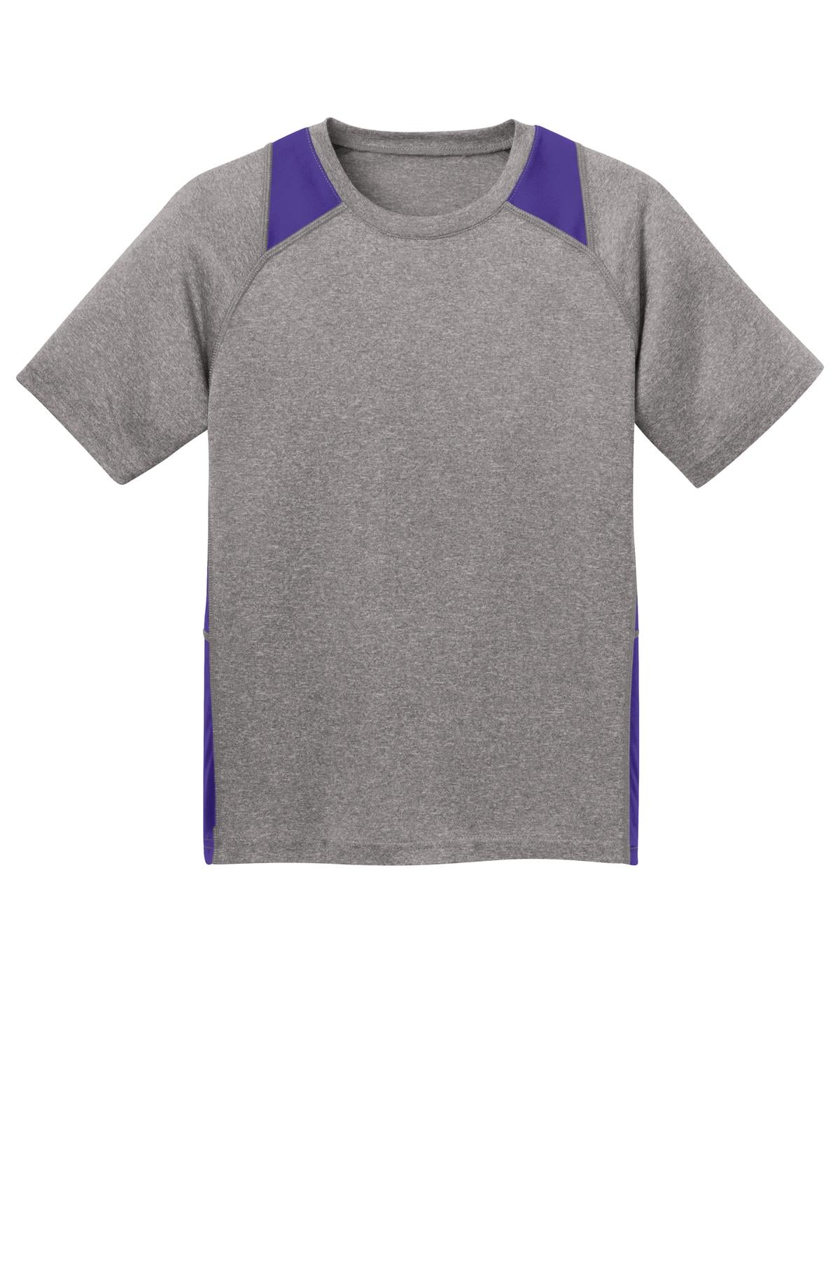 Front View of Vnt He/Purple Sport-Tek Youth Heather Colorblock Contender Tee. YST361