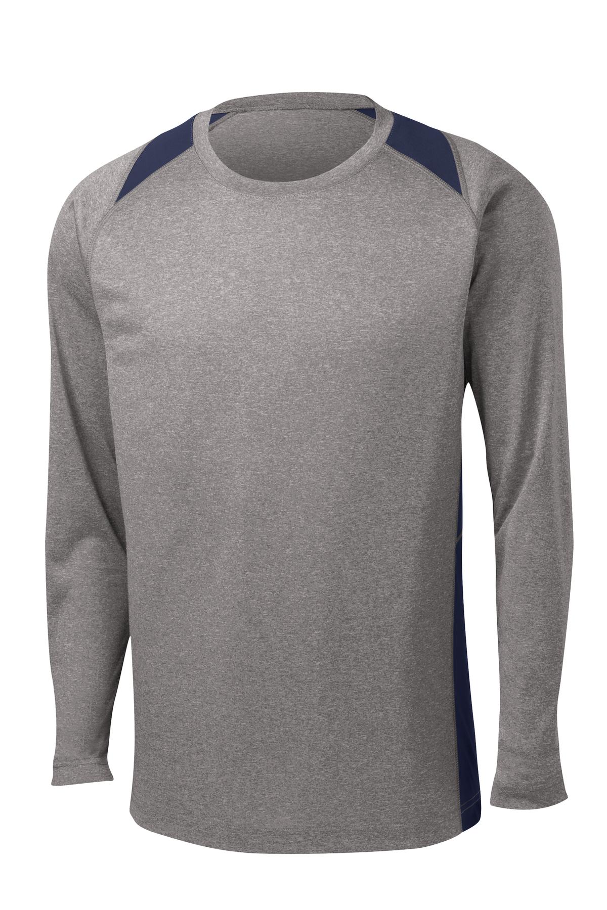 Front View of Vnt He/Tr Navy Sport-Tek Long Sleeve Heather Colorblock Contender Tee. ST361LS