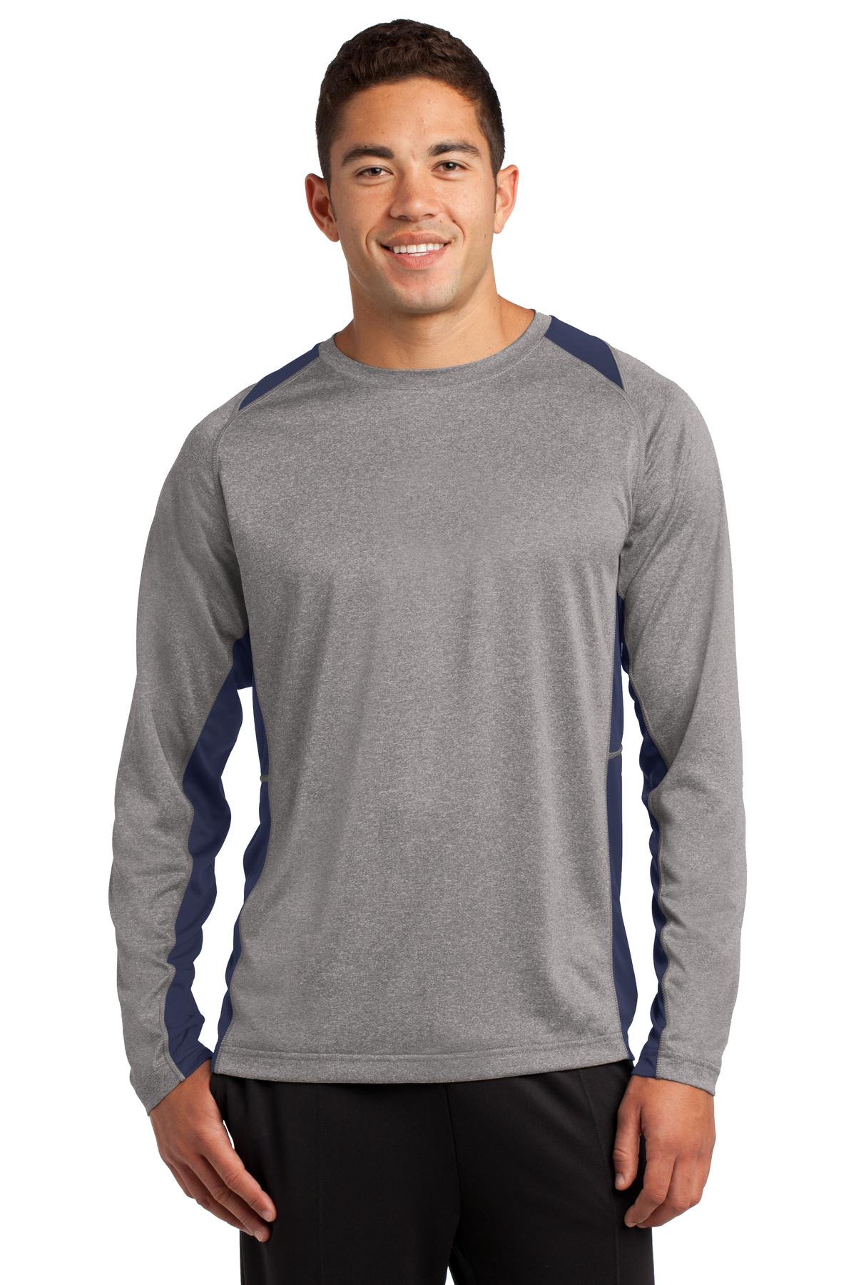 Front View of Vnt He/Tr Navy Sport-Tek Long Sleeve Heather Colorblock Contender Tee. ST361LS