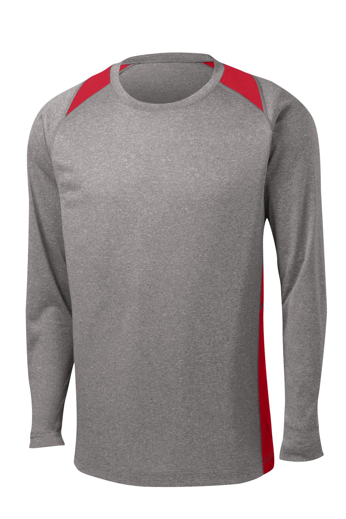 Front View of Vnt He/Tr Red Sport-Tek Long Sleeve Heather Colorblock Contender Tee. ST361LS
