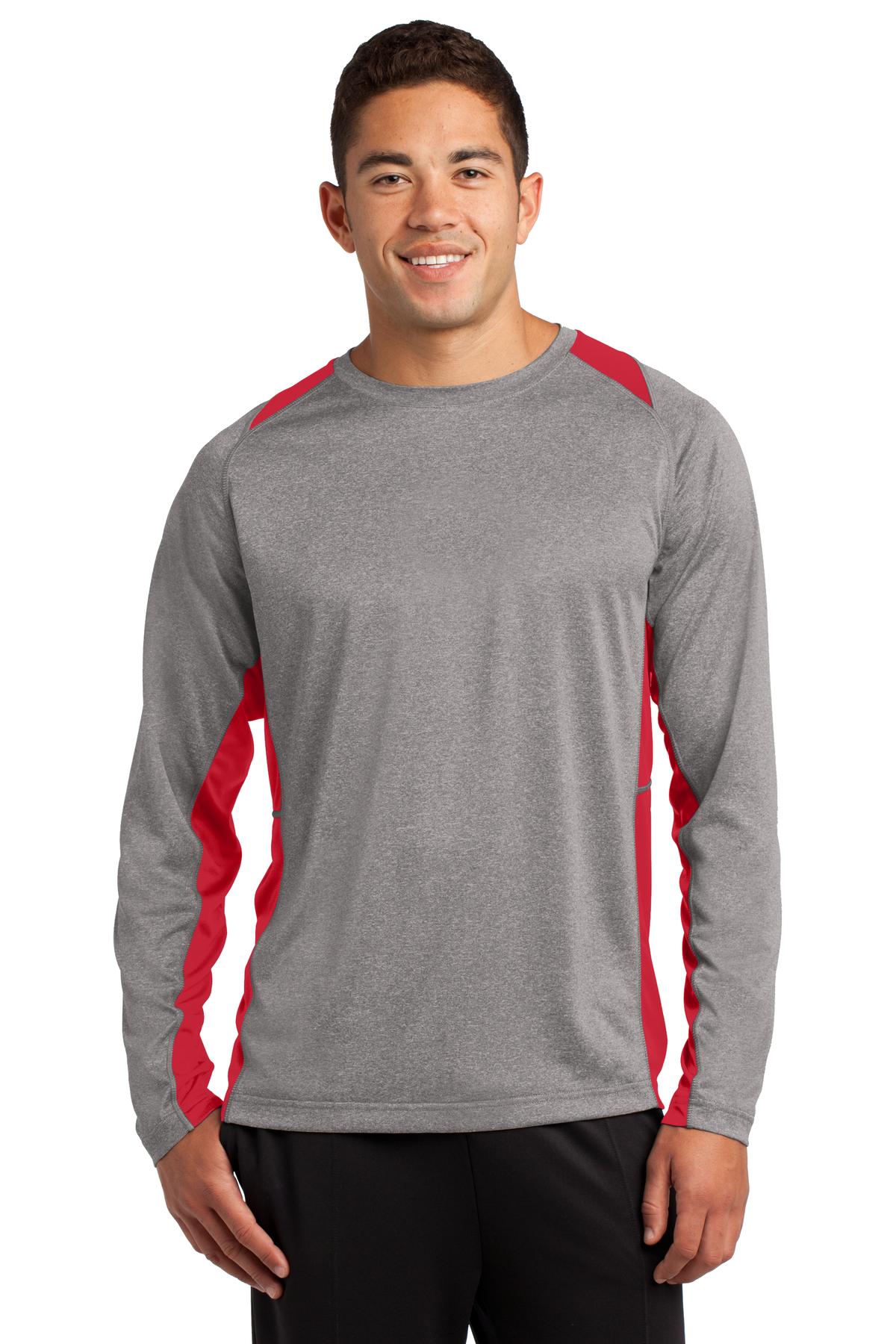Front View of Vnt He/Tr Red Sport-Tek Long Sleeve Heather Colorblock Contender Tee. ST361LS