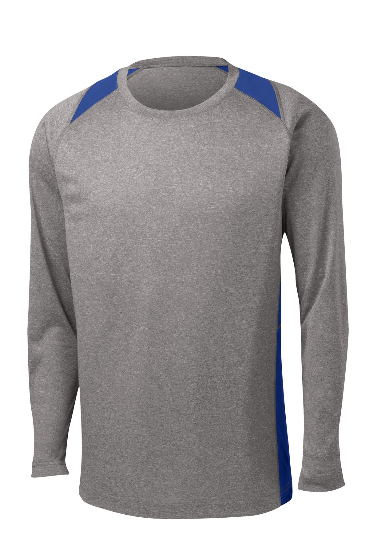 Front View of Vnt He/Tr Royl Sport-Tek Long Sleeve Heather Colorblock Contender Tee. ST361LS