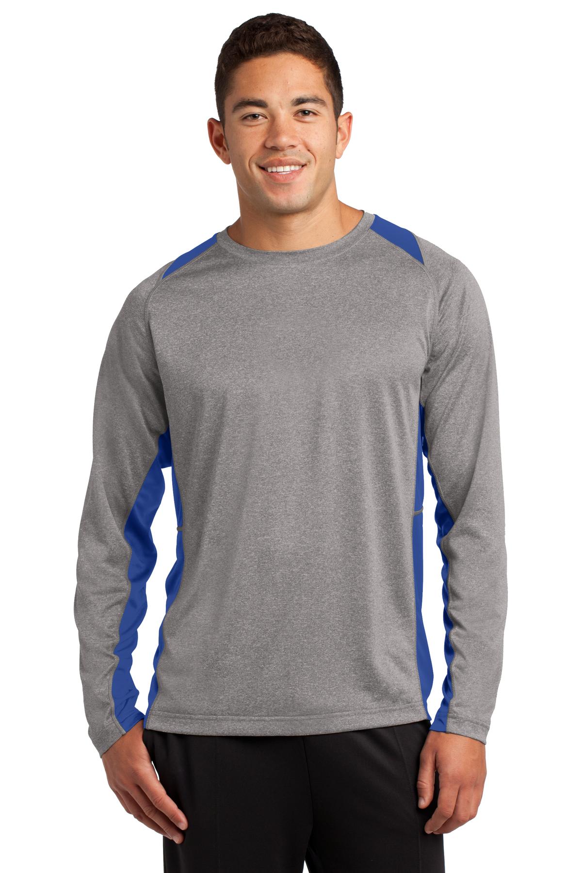 Front View of Vnt He/Tr Royl Sport-Tek Long Sleeve Heather Colorblock Contender Tee. ST361LS
