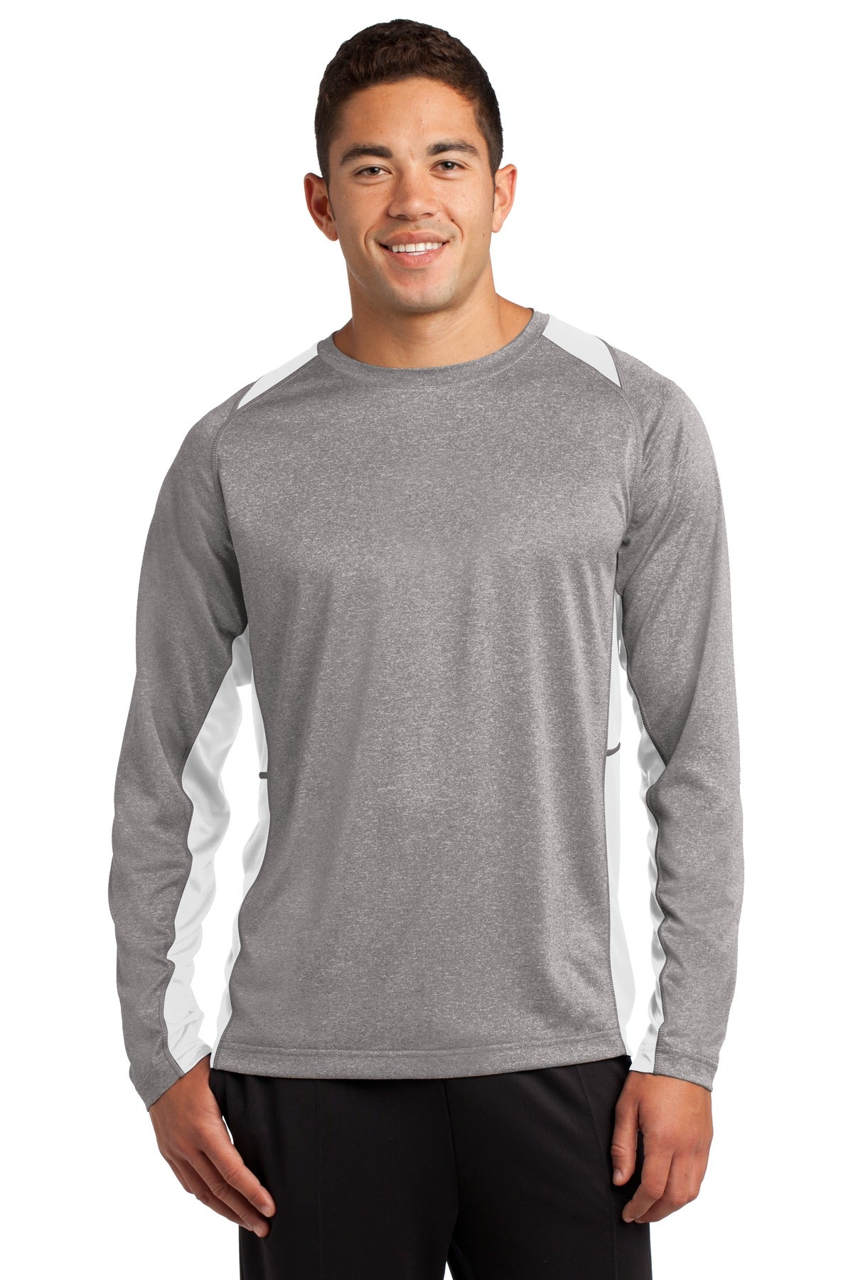 Front View of Vnt He/White Sport-Tek Long Sleeve Heather Colorblock Contender Tee. ST361LS