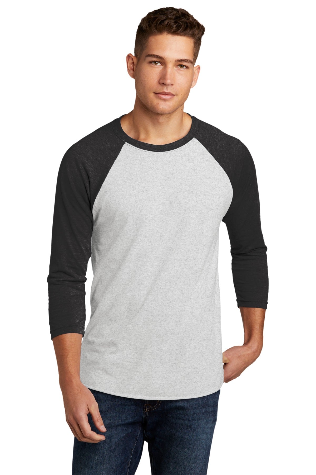 Front View of VtgB/HtrWh Next Level Apparel Adult Tri-Blend 3/4-Sleeve Raglan Tee. NL6051