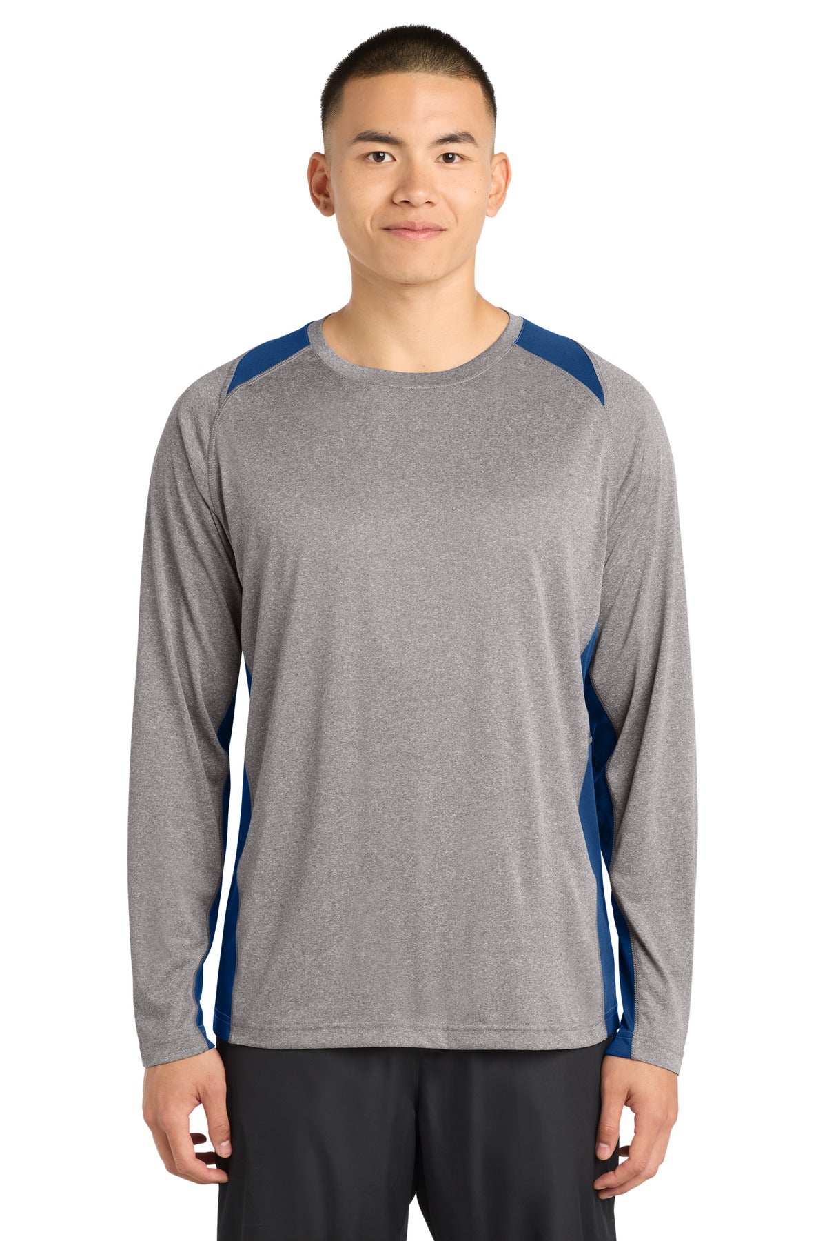 Front View of VtgHthr/Ry Sport-Tek Long Sleeve Heather Colorblock Contender Tee. ST361LS