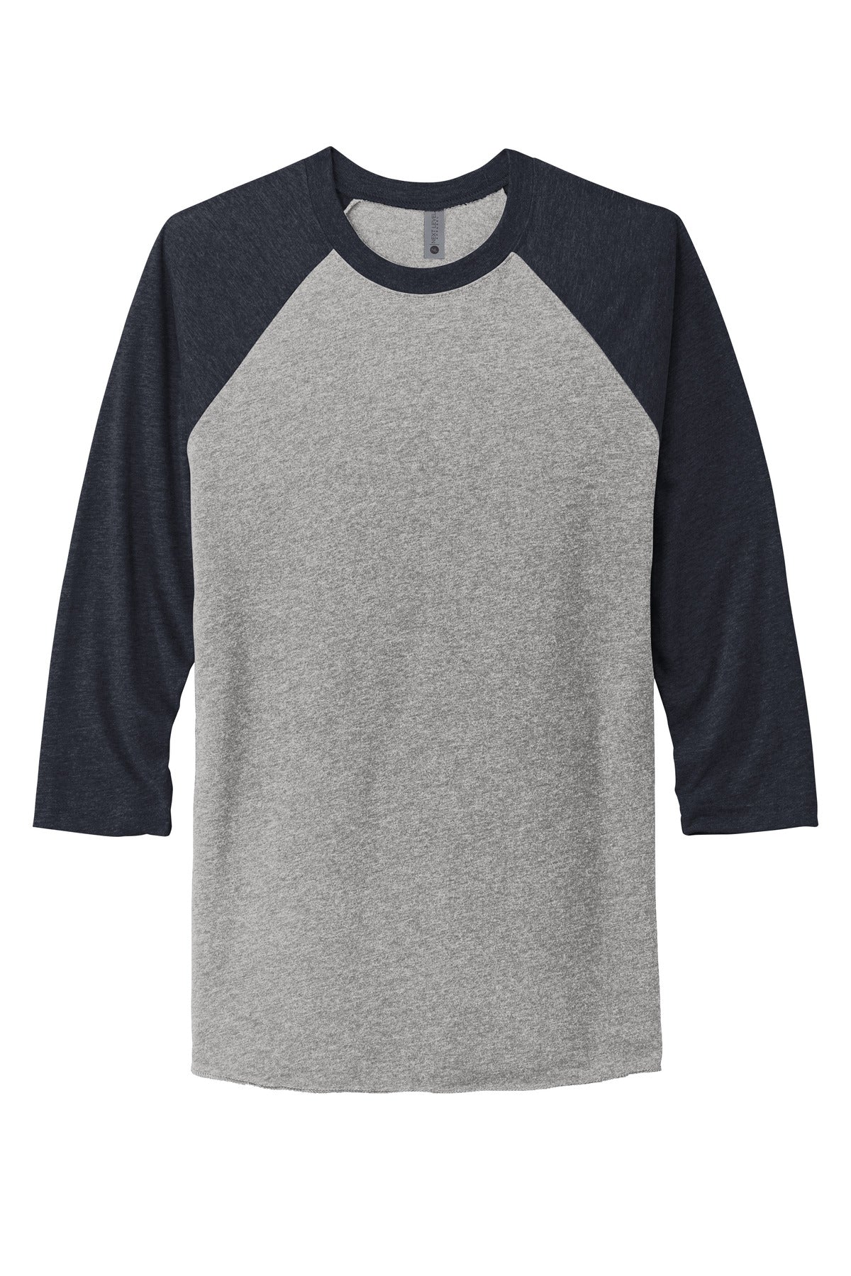 Front View of VtgNv/PrmH Next Level Apparel Adult Tri-Blend 3/4-Sleeve Raglan Tee. NL6051
