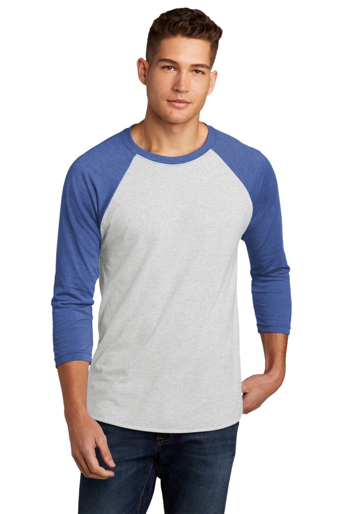 Front View of VtgRy/HtWh Next Level Apparel Adult Tri-Blend 3/4-Sleeve Raglan Tee. NL6051