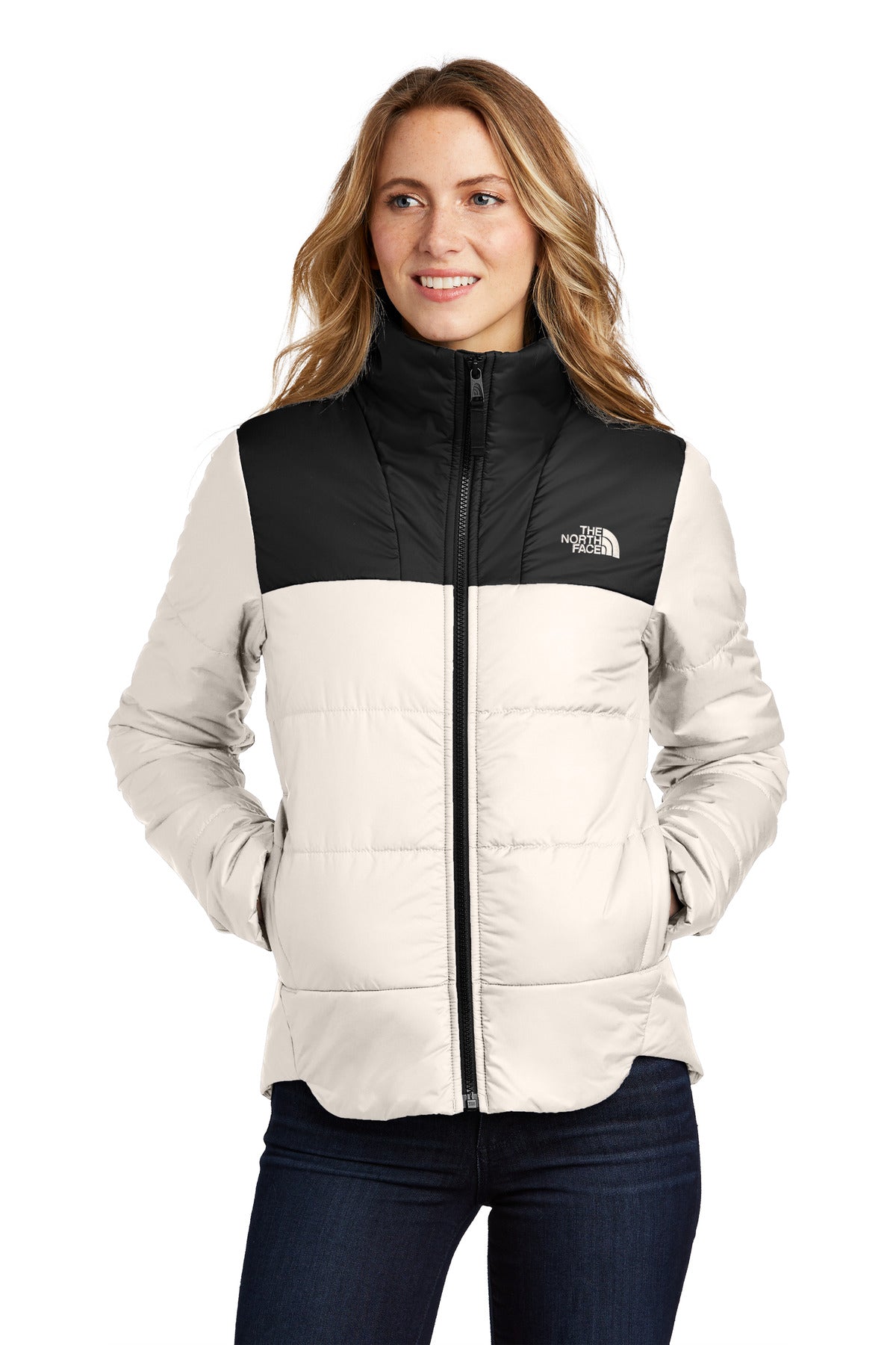 Front View of VtgWhite The North Face Women's Chest Logo Everyday Insulated Jacket NF0A7V6K
