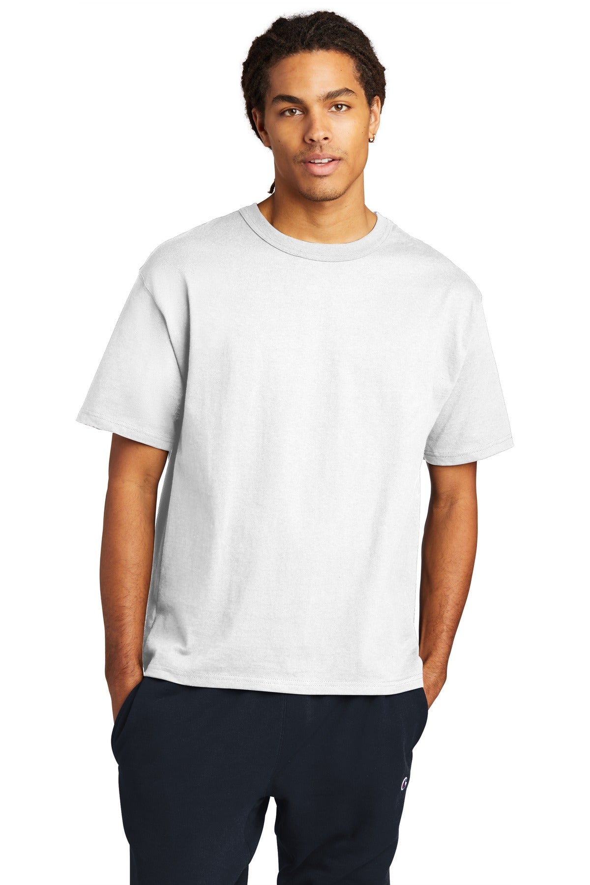 Front View of White Champion Heritage 7-Oz. Jersey Tee T105