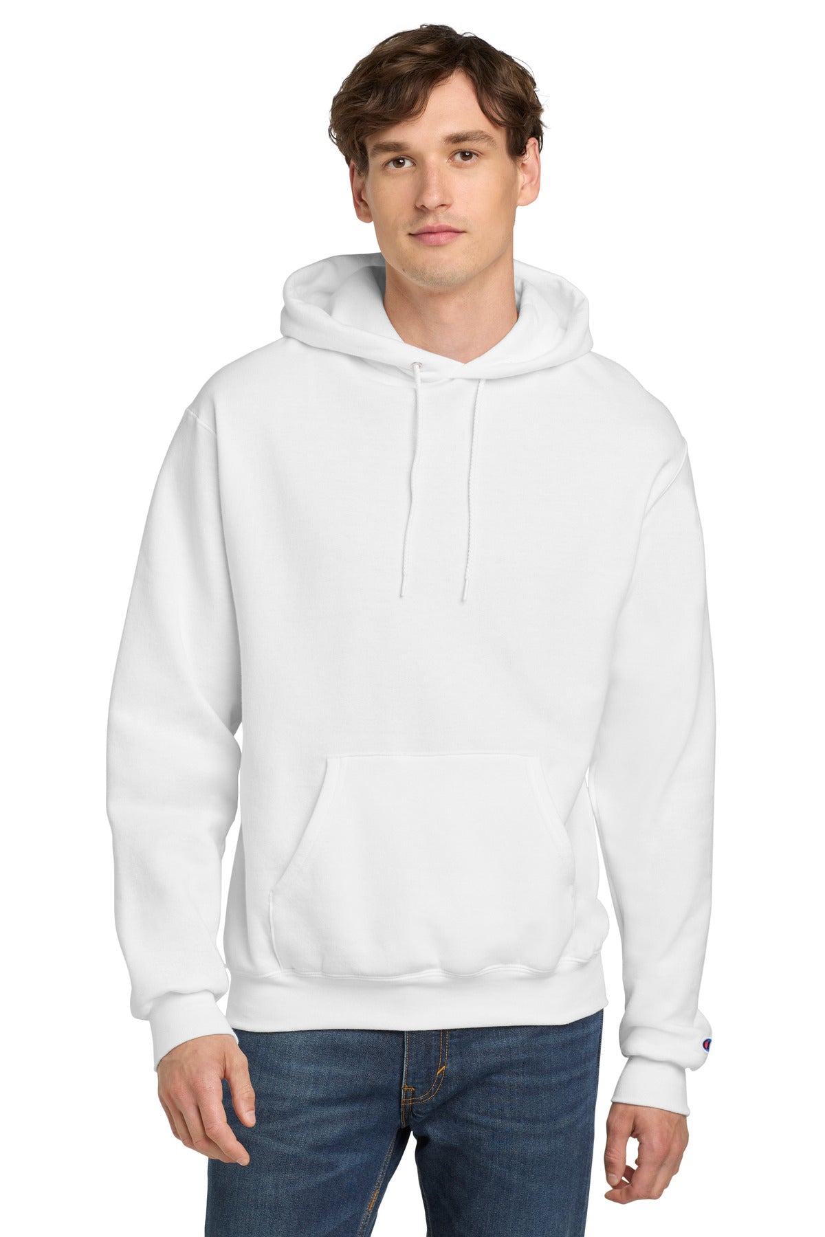 Front View of White Champion Powerblend Pullover Hoodie. S700