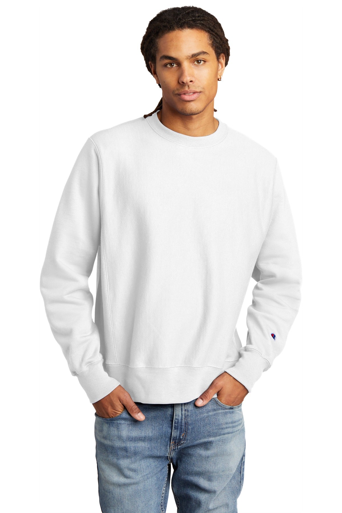 Front View of White Champion Reverse Weave Crewneck Sweatshirt S149