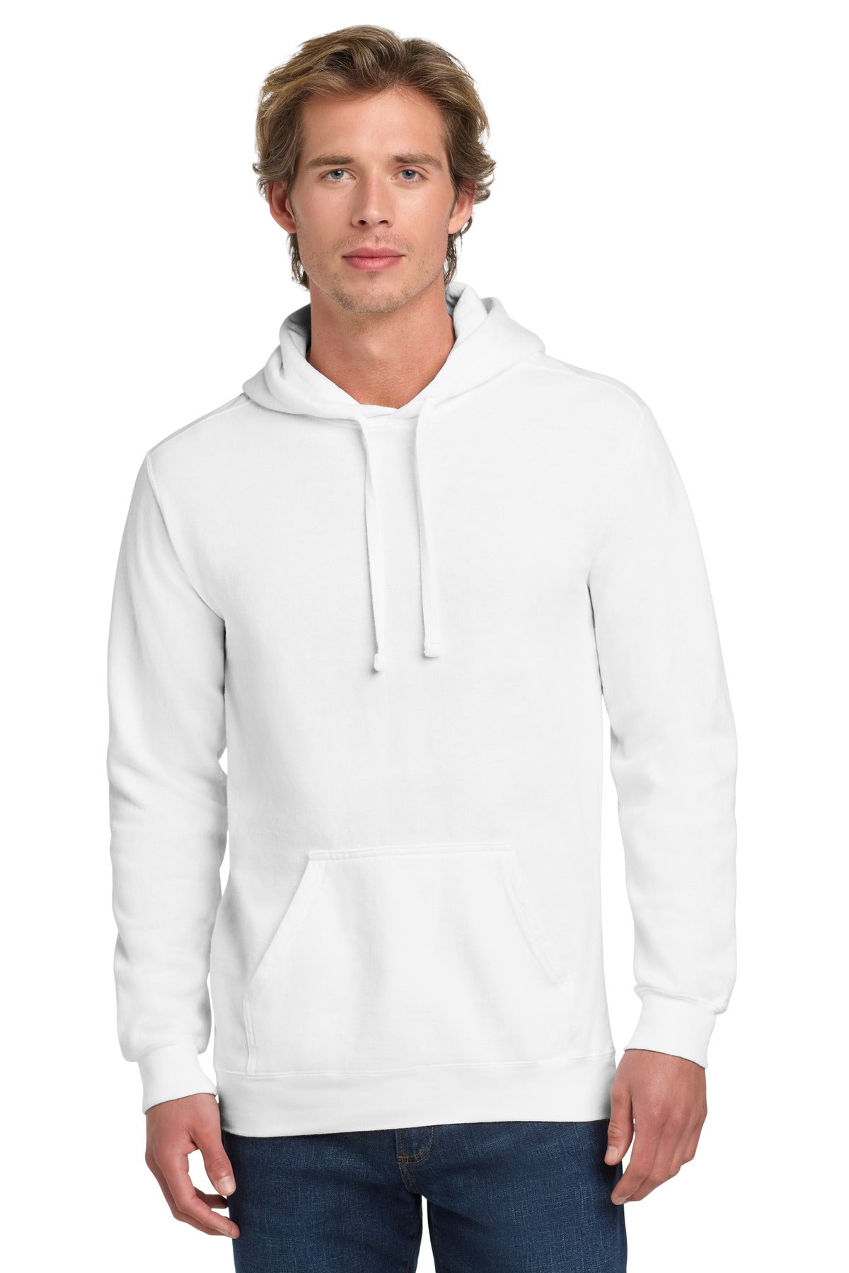 Front View of White COMFORT COLORS Ring Spun Hooded Sweatshirt. 1567