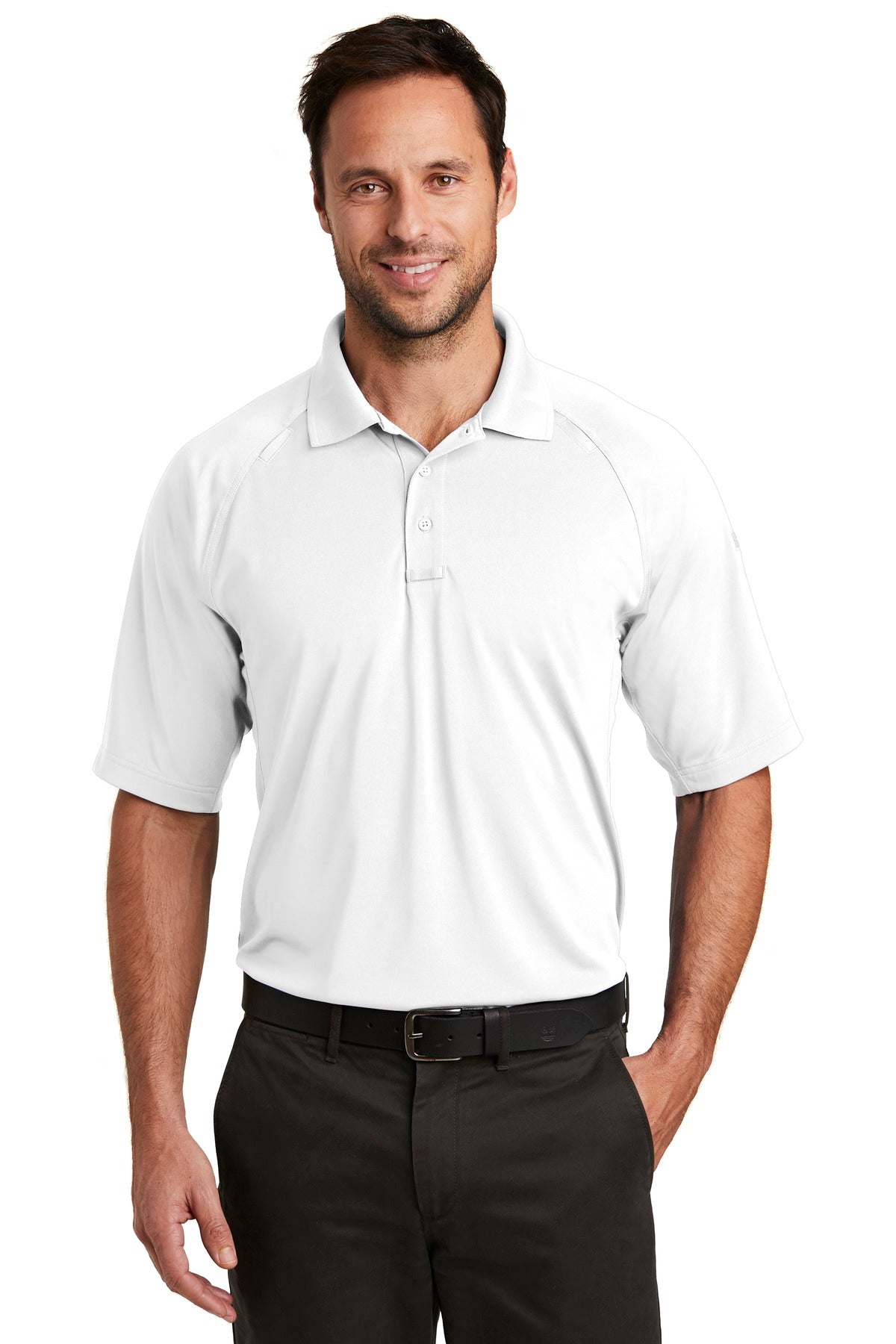 Front View of White CornerStone Select Lightweight Snag-Proof Tactical Polo. CS420