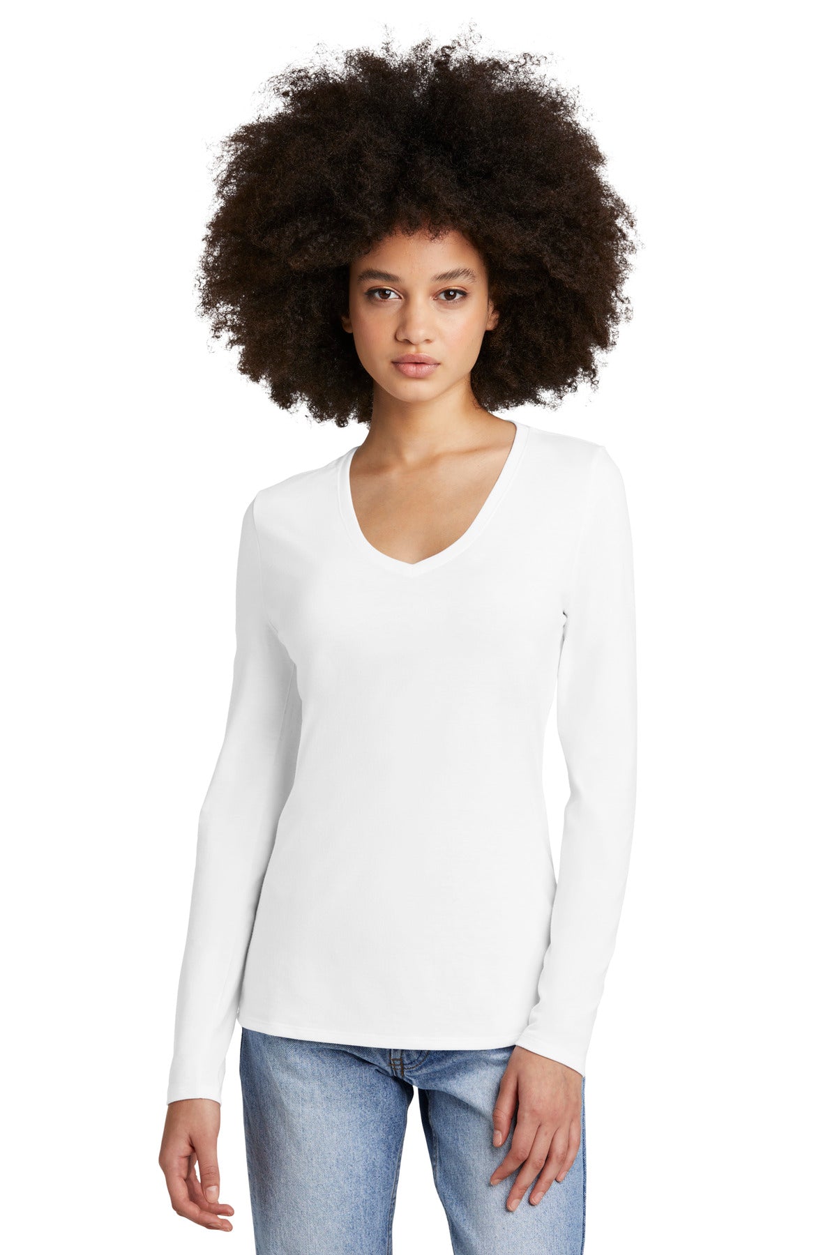 Front View of White District Women's Perfect Tri Long Sleeve V-Neck Tee DT135
