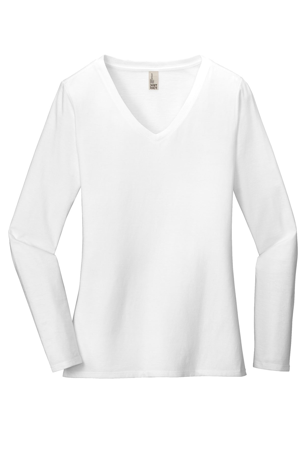 Front View of White District Women's Very Important Tee Long Sleeve V-Neck. DT6201