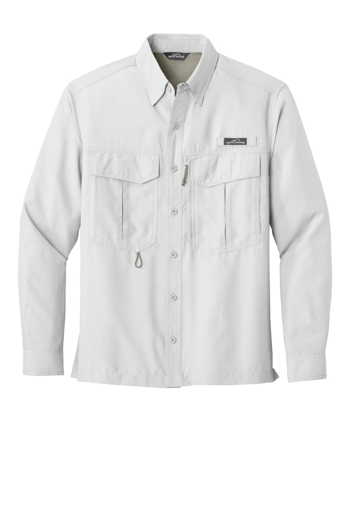 Front View of White Eddie Bauer - Long Sleeve Performance Fishing Shirt. EB600