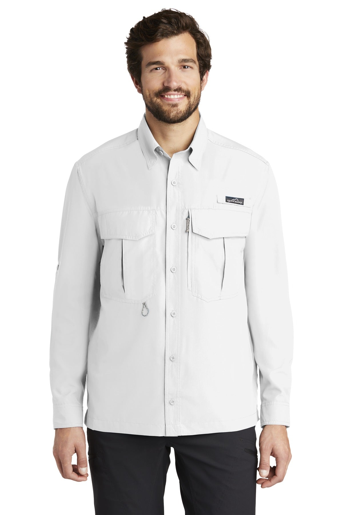 Front View of White Eddie Bauer - Long Sleeve Performance Fishing Shirt. EB600