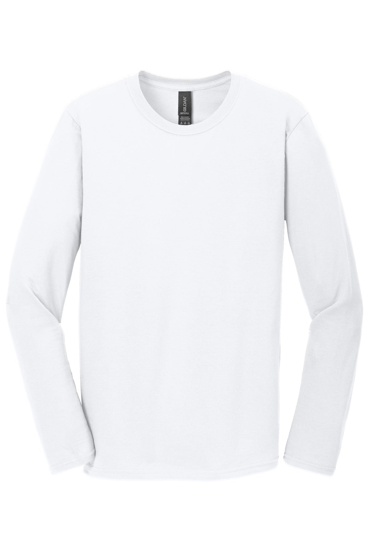 Front View of White Gildan Softstyle Long Sleeve T-Shirt. 64400