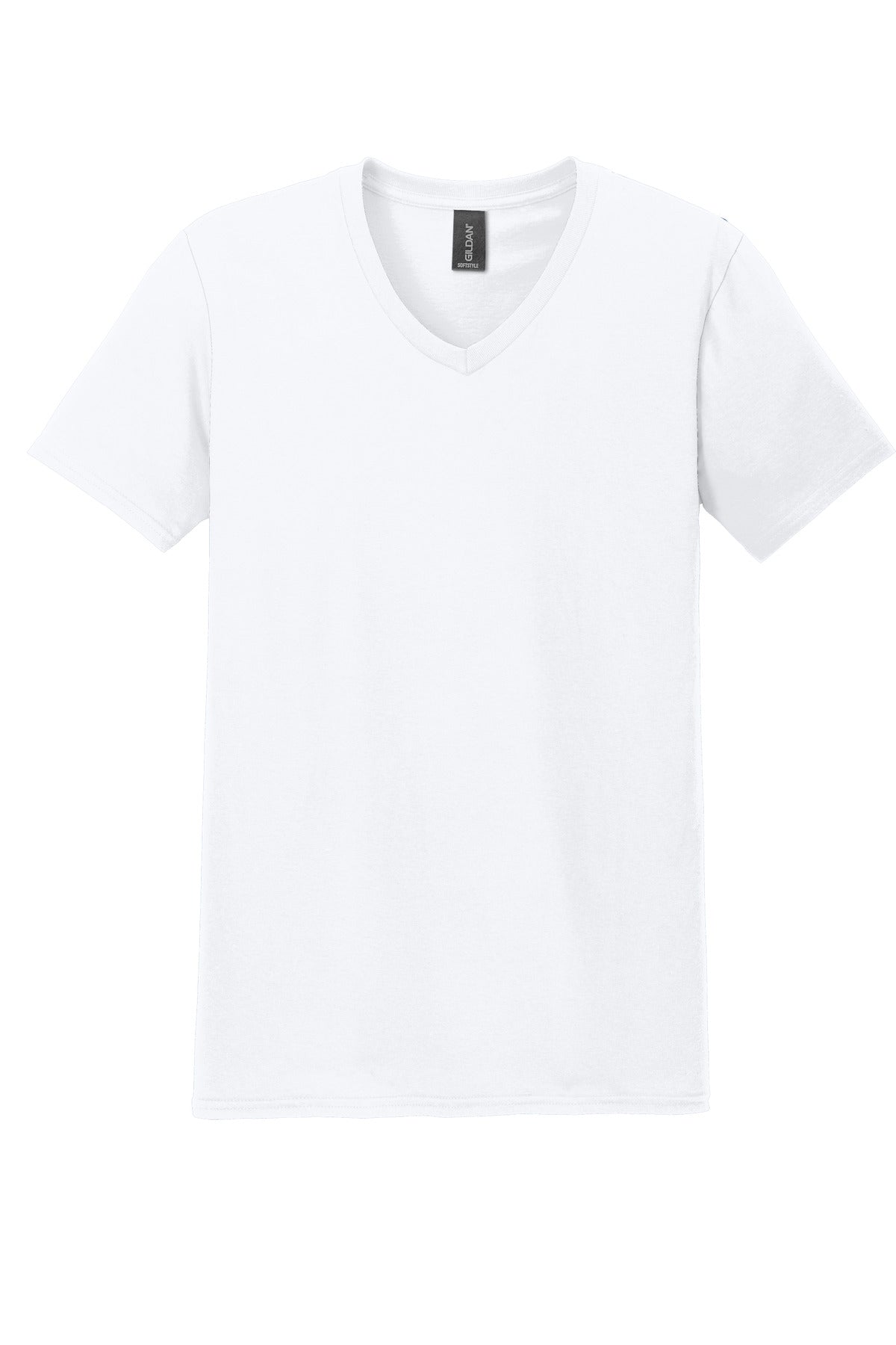 Front View of White Gildan Softstyle V-Neck T-Shirt. 64V00