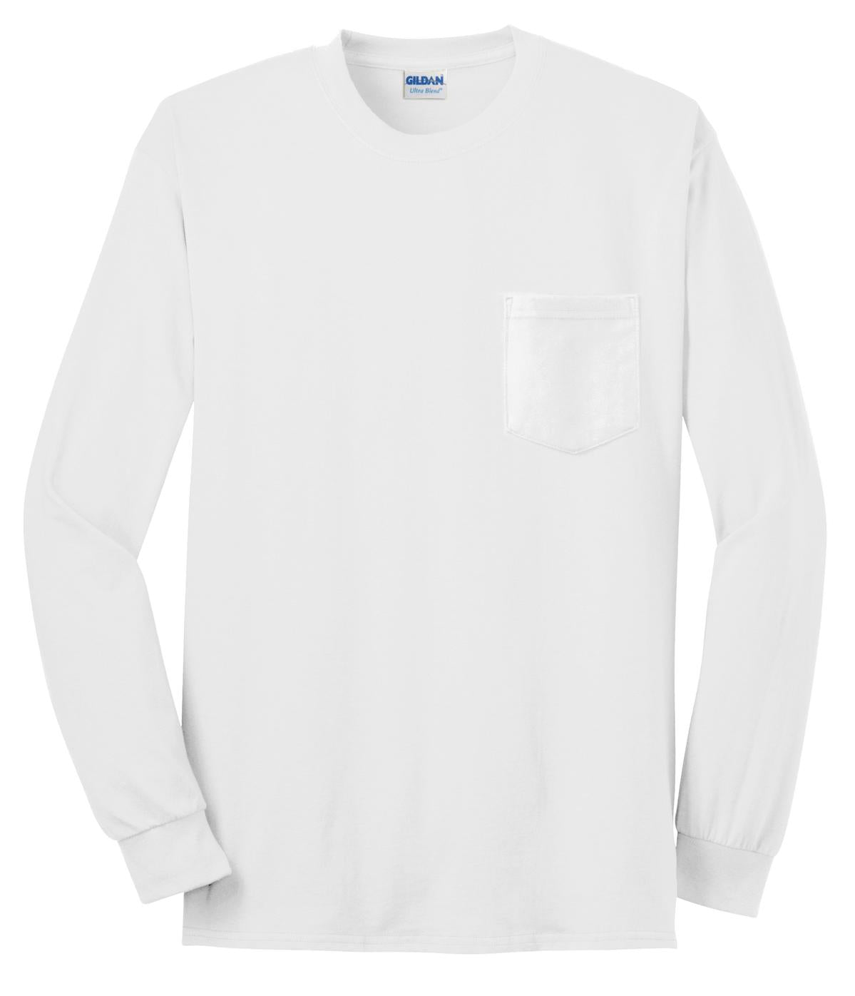 Front View of White Gildan - Ultra Cotton 100% US Cotton Long Sleeve T-Shirt with Pocket. 2410
