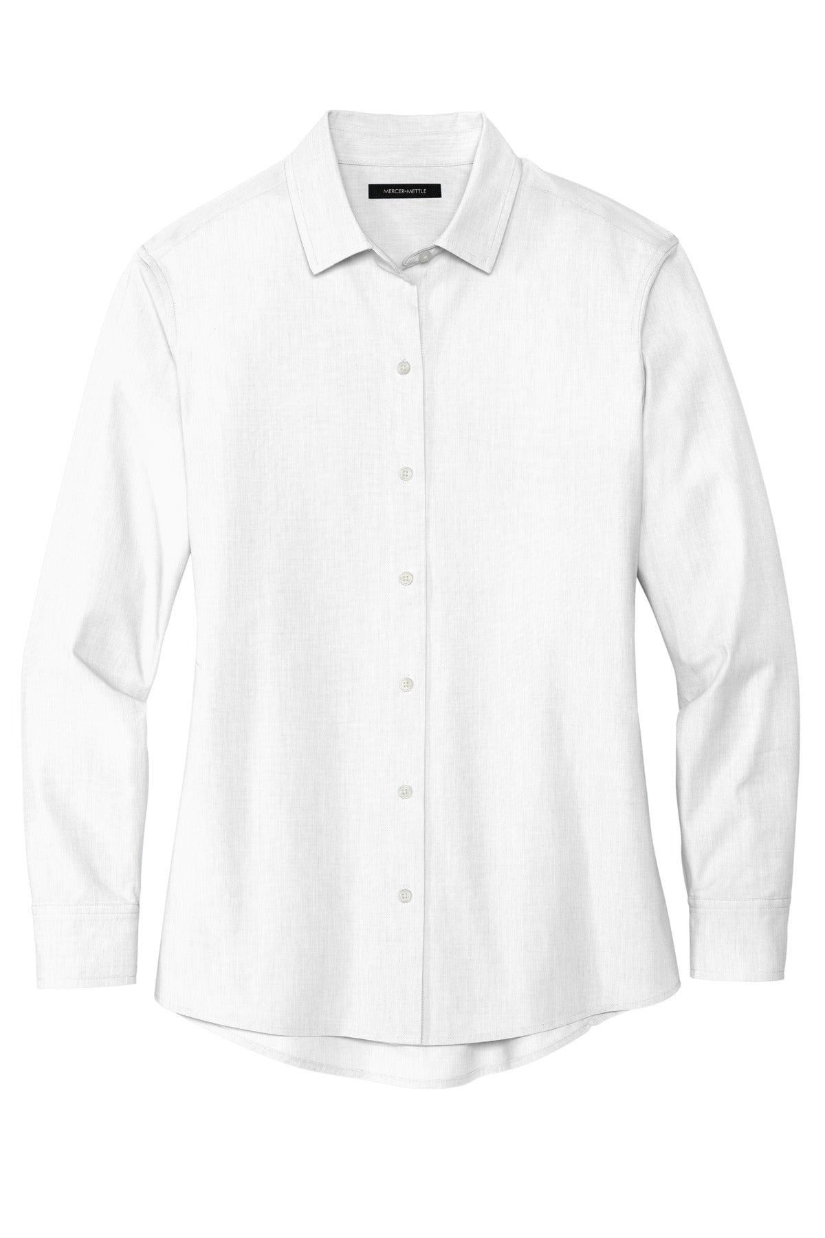Front View of White Mercer+Mettle Women's Long Sleeve Stretch Woven Shirt MM2001
