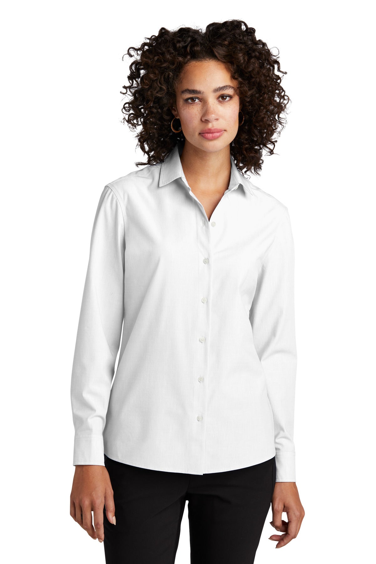 Front View of White Mercer+Mettle Women's Long Sleeve Stretch Woven Shirt MM2001