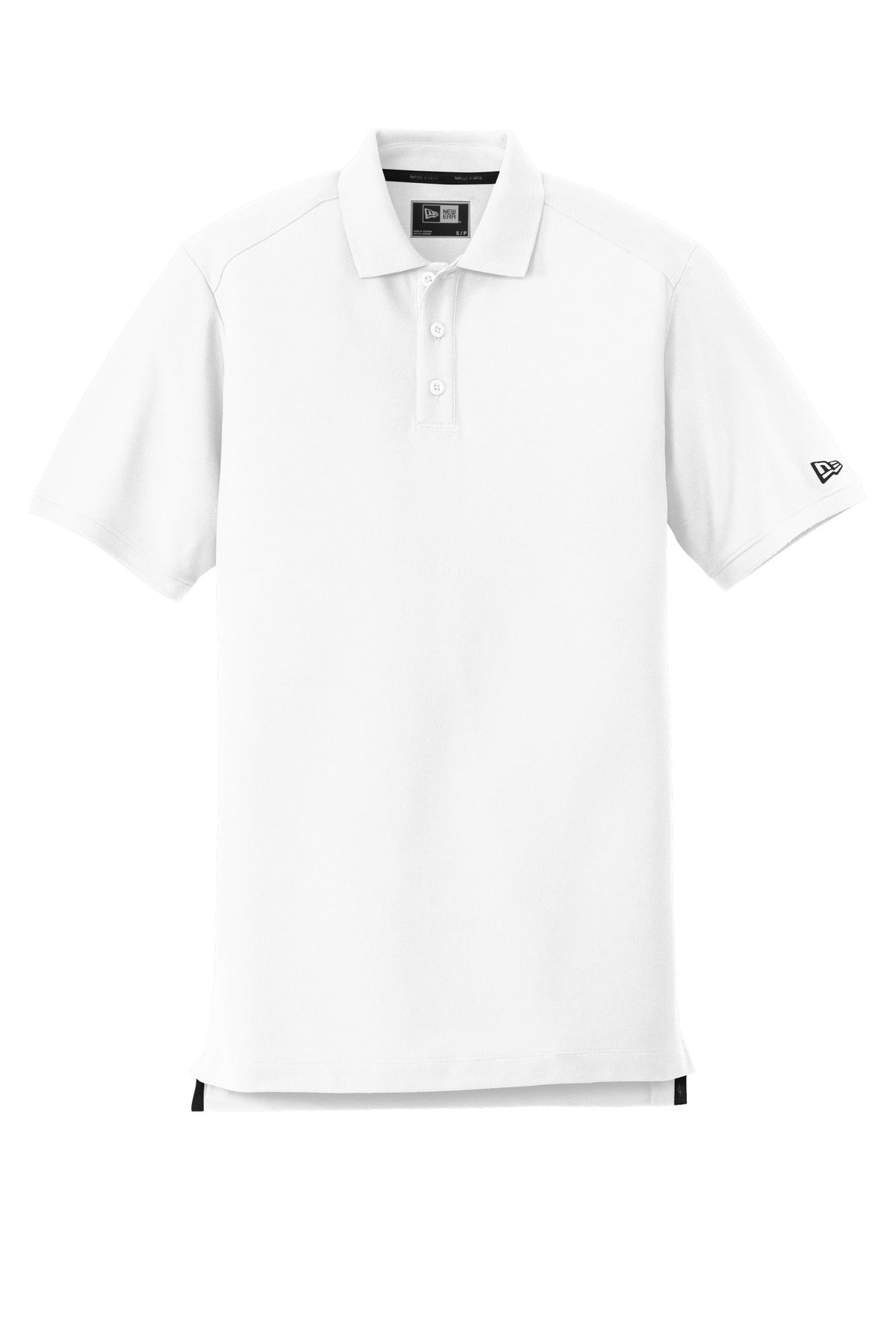 Front View of White New Era Venue Home Plate Polo. NEA300