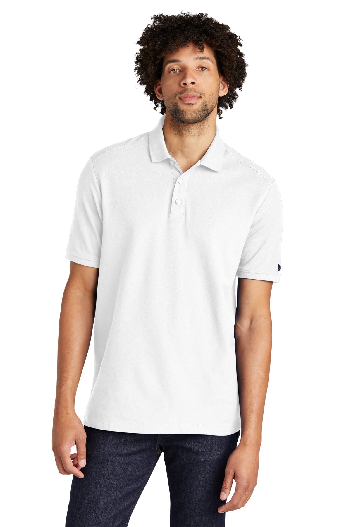 Front View of White New Era Venue Home Plate Polo. NEA300