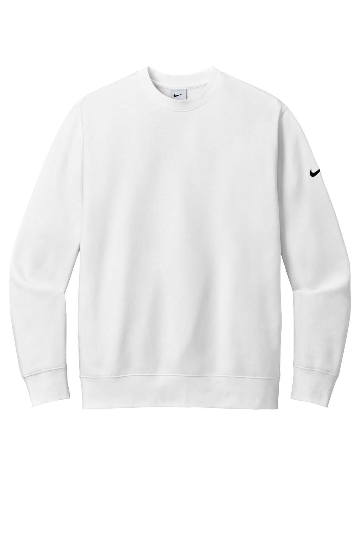 Front View of White Nike Club Fleece Sleeve Swoosh Crew NKFD9863
