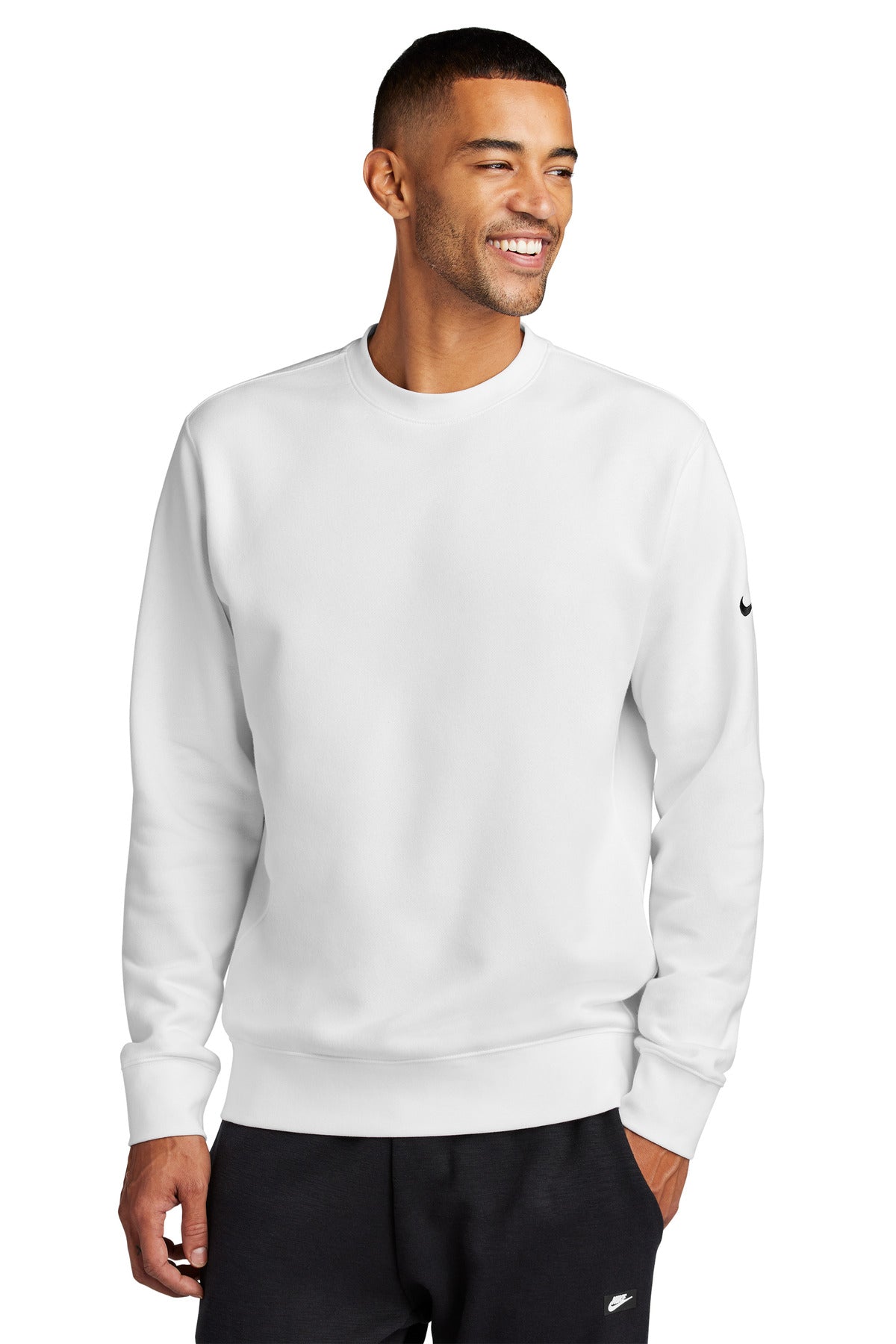 Front View of White Nike Club Fleece Sleeve Swoosh Crew NKFD9863