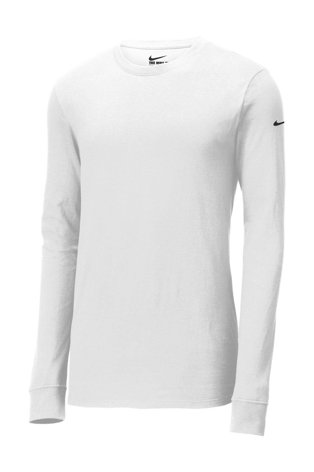 Front View of White Nike Dri-FIT Cotton/Poly Long Sleeve Tee. NKBQ5230
