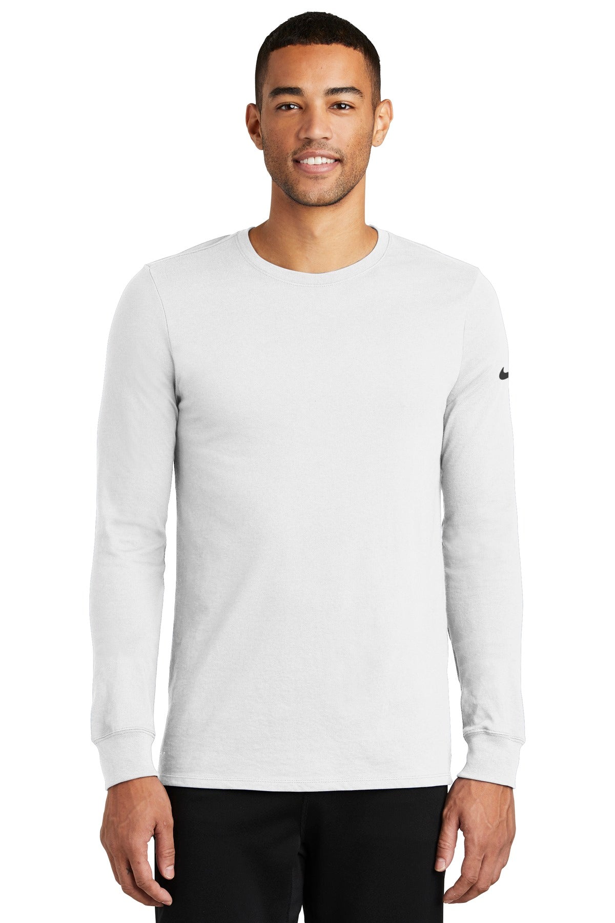 Front View of White Nike Dri-FIT Cotton/Poly Long Sleeve Tee. NKBQ5230