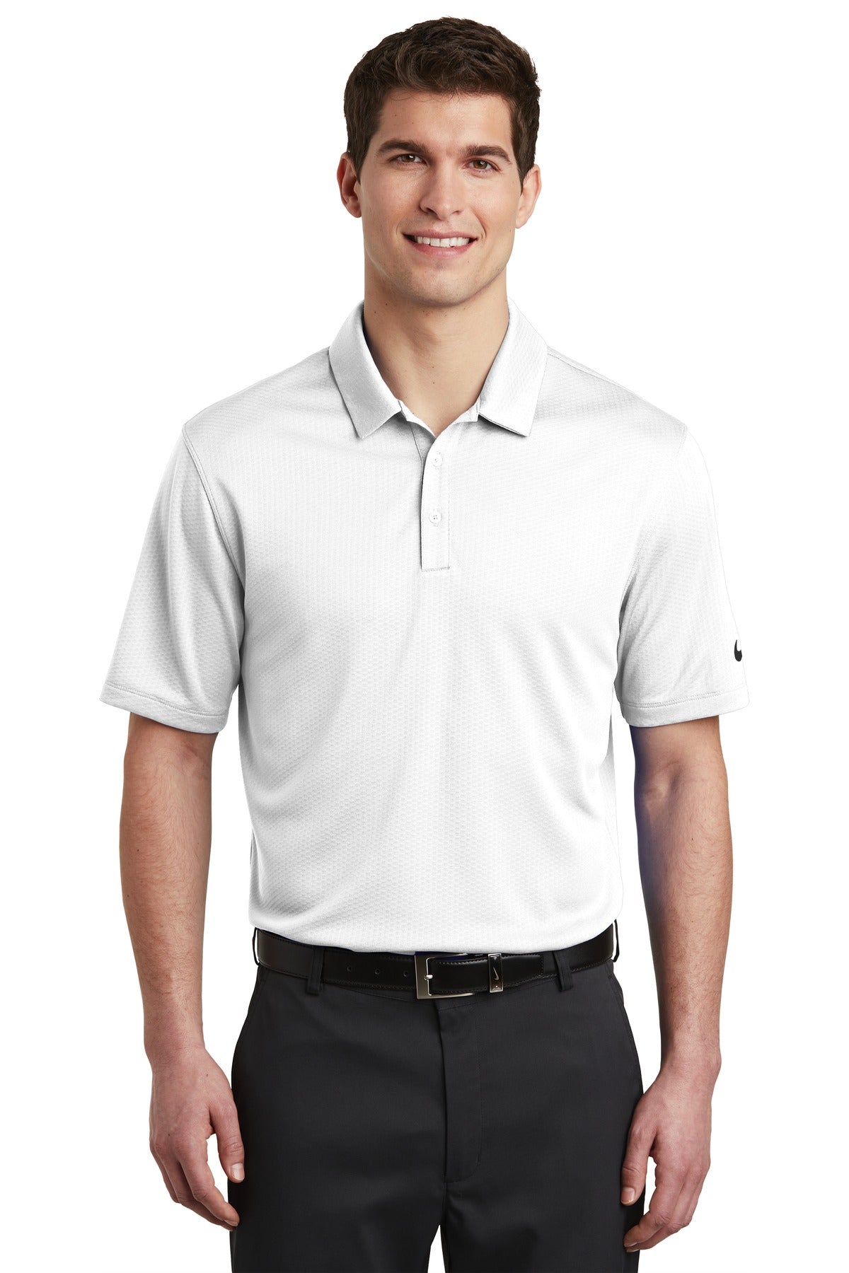Front View of White Nike Dri-FIT Hex Textured Polo. NKAH6266