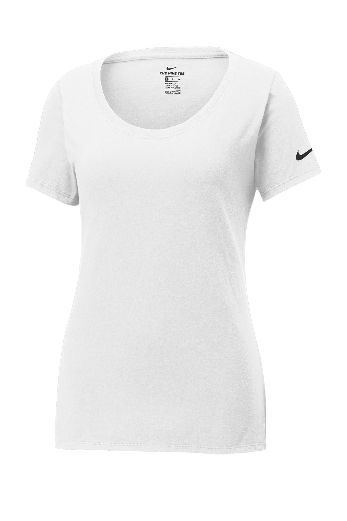 Front View of White Nike Women's Dri-FIT Cotton/Poly Scoop Neck Tee. NKBQ5234