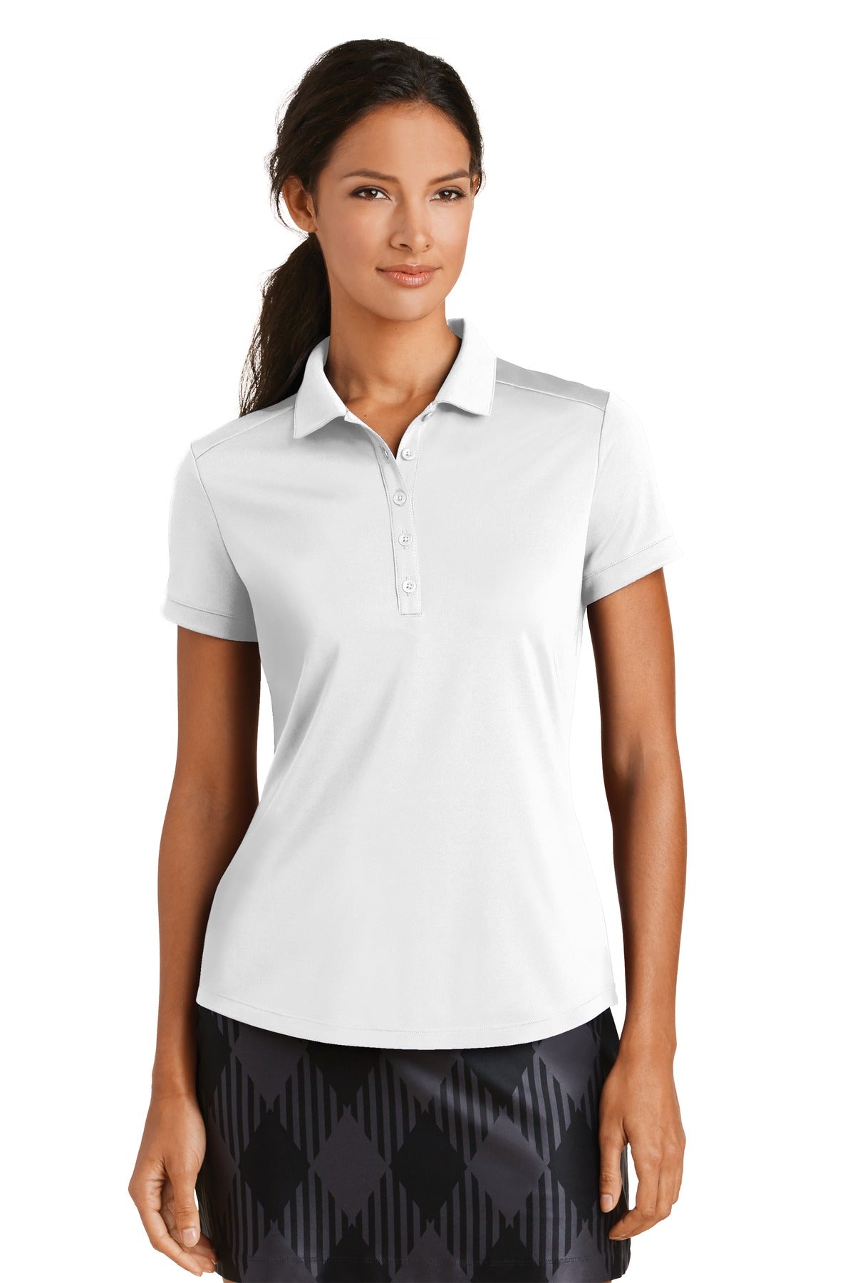 Front View of White Nike Women's Dri-FIT Players Modern Fit Polo. 811807