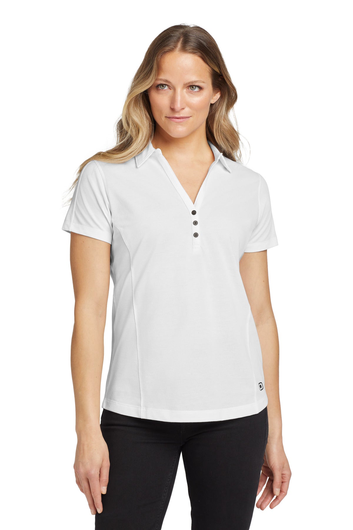 Front View of White OGIO Women's Onyx Polo. LOG126