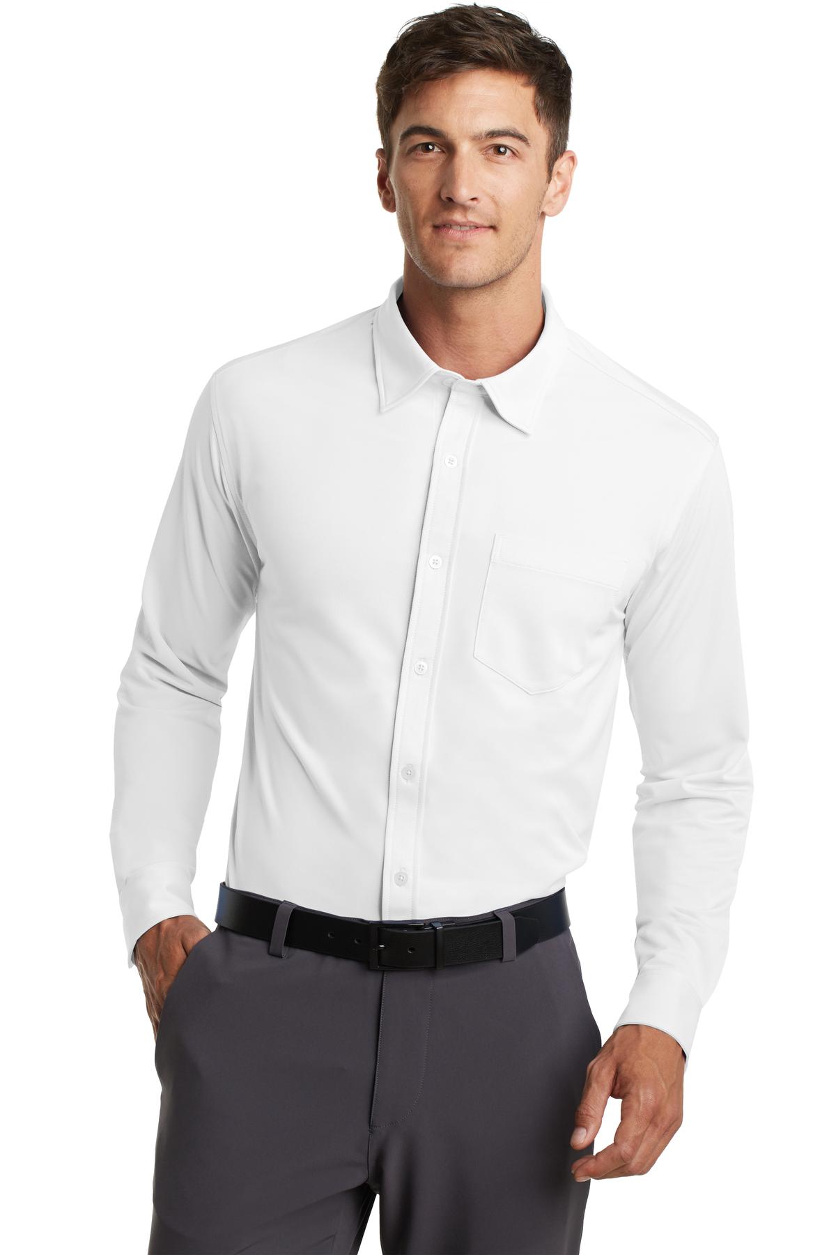 Front View of White Port Authority Dimension Knit Dress Shirt. K570